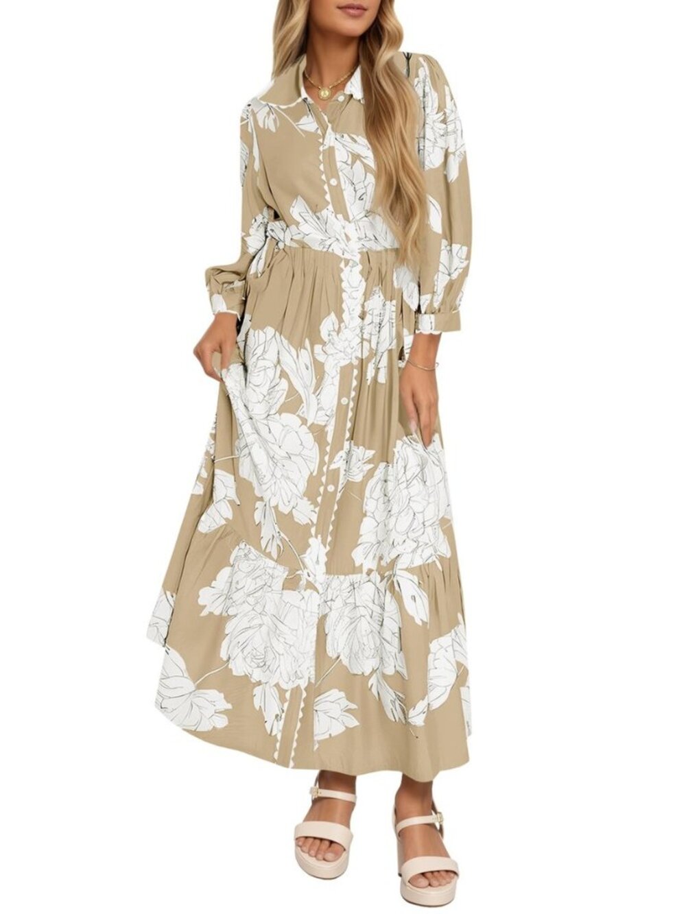 Womens Maxi Shirt Dress Floral Long Sleeve Button Down Boho Dresses